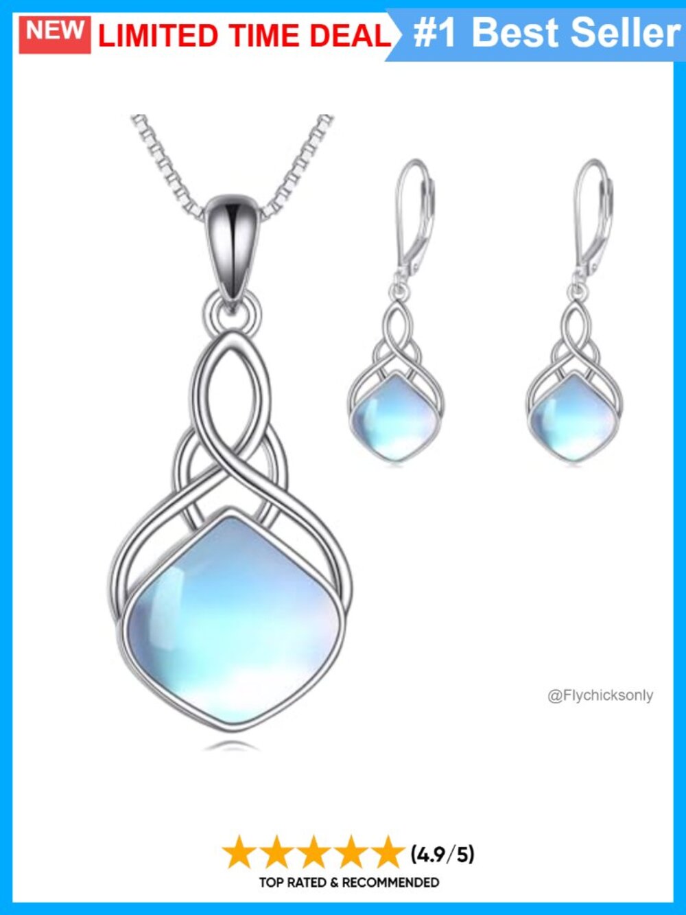 Moonstone Celtic Earrings Necklace Set Sterling Silver White Gold Plated
